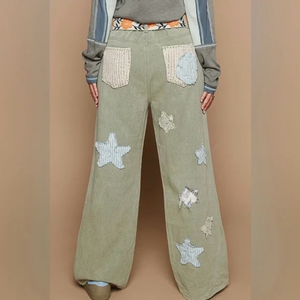 JUST IN! POL Star Patchwork Jeans Olive Green Straight Leg - Picture 3 of 10
